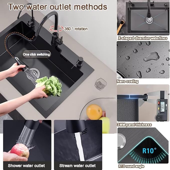Black Drop in Kitchen Sink, Stainless Steel Single Bowl Sink with 3 Holes, Topmount Workstation Sink, Farmhouse Rectangle Basin with Multiple Accessories (21.7 * 17.7 * 7.9in)