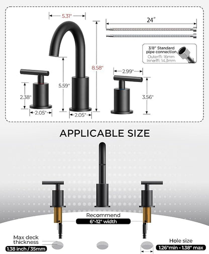 FORIOUS 2 Pack Black Bathroom Faucet 3 Hole,Commercial Widespread Faucet 8" | Wholesale 8 Inch Matte Black Bathroom Sink Faucet 3 Hole with 360° Swivel Spout, Vanity Faucet for Renovation and Upgrading