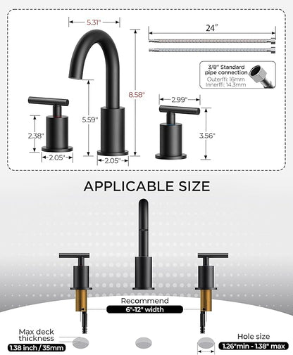 FORIOUS 2 Pack Black Bathroom Faucet 3 Hole, 8" Widespread Matte Black Bathroom Sink Faucet with 360°Swivel Spout, Suitable for 6-12 Inch Vanity Sink, with Metal Pop-up Drain and Supply Line