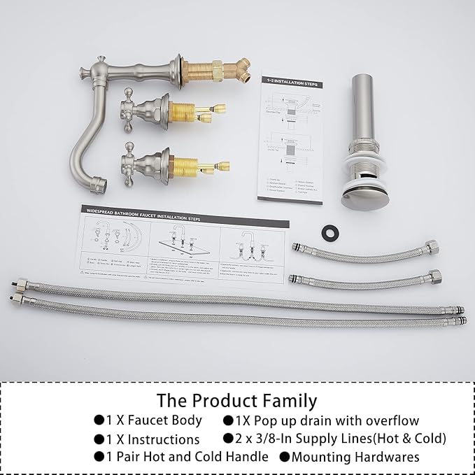 GGStudy Two Handles Three Holes Faucet 8-16 inch Widespread Bathroom Sink Faucet Brushed Nickel Basin Tap Mixer Faucet Matching Metal Pop Up Drain