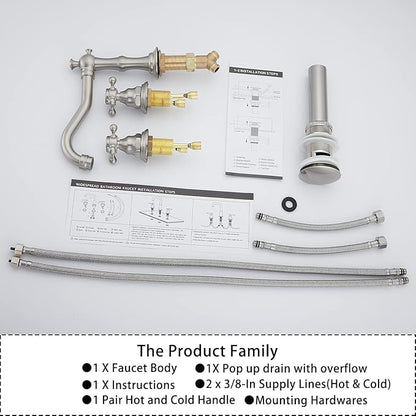 GGStudy Two Handles Three Holes Faucet 8-16 inch Widespread Bathroom Sink Faucet Brushed Nickel Basin Tap Mixer Faucet Matching Metal Pop Up Drain