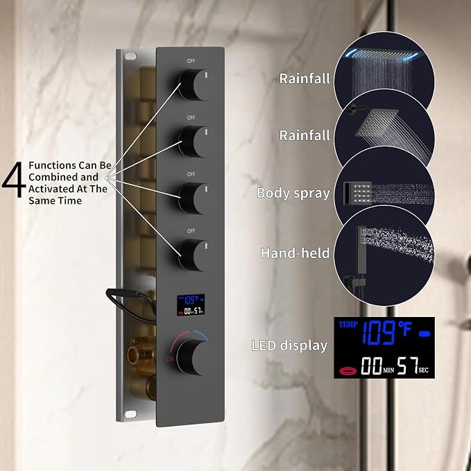 16X26 inch Rainfall Shower System Matte Black Shower Faucet Set | Temperature Display Shower Faucet with 6 Body Jet, 8 inch Wall Mounted Shower Head and Handheld Set