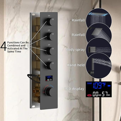 16X26 inch Rainfall Shower System Matte Black Shower Faucet Set | Temperature Display Shower Faucet with 6 Body Jet, 8 inch Wall Mounted Shower Head and Handheld Set