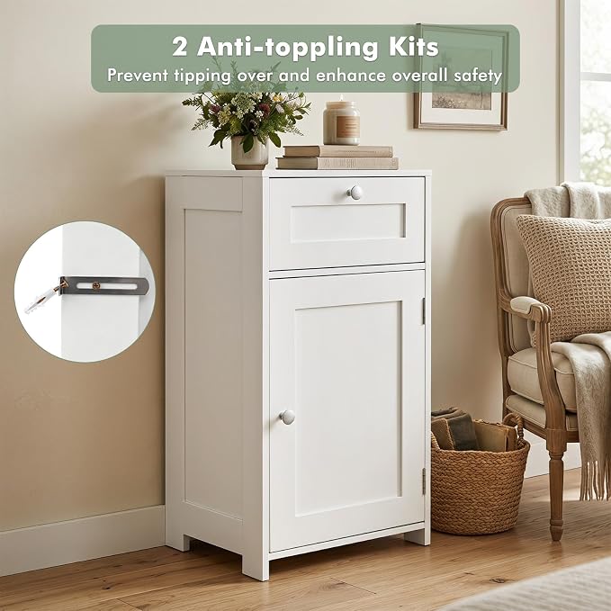 GIANTEX Floor Bathroom Storage Cabinet with Door and Drawer (White) | Freestanding Cabinet with Adjustable Shelf, Anti-tipping Device, Storage Organizer for Bathroom, Living Room, Bedroom