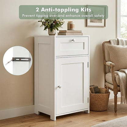 GIANTEX Floor Bathroom Storage Cabinet with Door and Drawer (White) | Freestanding Cabinet with Adjustable Shelf, Anti-tipping Device, Storage Organizer for Bathroom, Living Room, Bedroom