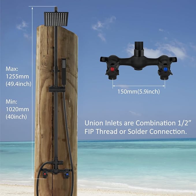 Aolemi Outdoor Shower Kit with Handheld,Square Rain Shower,Matte Black | 2-Handle Hot and Cold Control, Adjustable Height, 6-Inch Center Valve, 59-Inch Hose, Winter Drainage Outdoor Shower Fixtures
