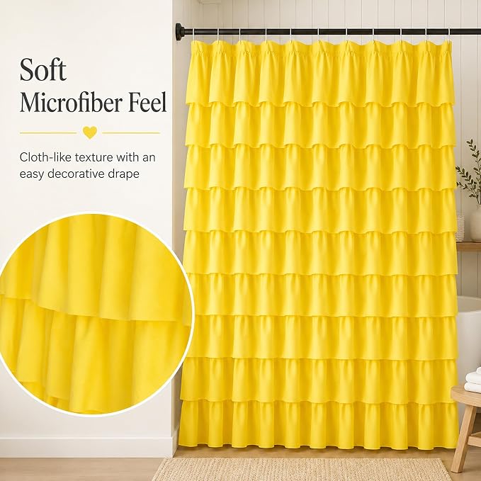 Yellow Shower Curtain for Bathroom, 72 X 72 Inch, Cascading Ruffle Design | Cottagecore & Farmhouse Crossover Style, 72x72, Hooks Included, Machine Washable, Ruffles Hold Their Shape, 12 Buttonholes