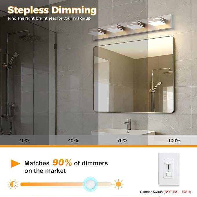 4-Light 5CCT Modern Bathroom Vanity Light Fixtures, 30-Inch 350° Rotatable LED Vanity Lights Over Mirror, Dimmable Brushed Nickel Wall Sconce with Frosted Acrylic Shade