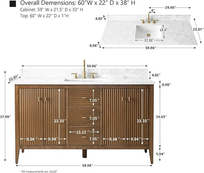 HOMEBEYOND 60" Bathroom Vanity with Single Sink, Solid Wood Bathroom Vanity Free-Standing Cabinet, Ceramic Top & Soft Closing Door, Golden Brushed Handware, Walnut