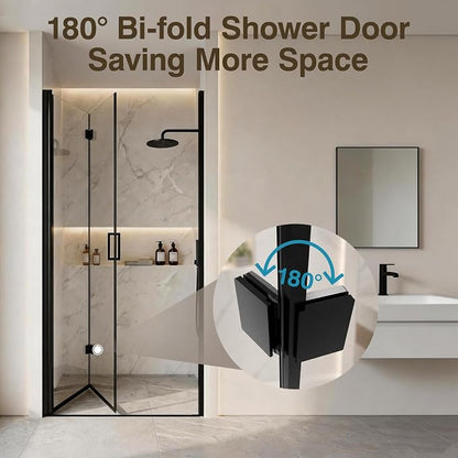 34-35.2" W x 72" H Frameless Bifold Pivot Swing Shower Door | 1/4" (6mm) Clear SGCC Tempered Glass with a space-saving folding Bathroom Door, Reversible Installation, Matte Black Finish