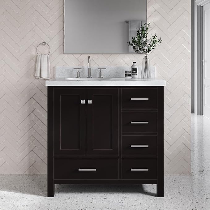 ARIEL Cambridge 36-inch Bathroom Vanity with Sink,Solid Wood, 1.5-inch Italian Carrara Marble Countertop & Backsplash, Single Oval Porcelain Sink, 2 Soft Closing Doors, 5 Dovetail Drawers, Espresso