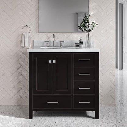 ARIEL Cambridge 36-inch Bathroom Vanity with Sink,Solid Wood, 1.5-inch Italian Carrara Marble Countertop & Backsplash, Single Oval Porcelain Sink, 2 Soft Closing Doors, 5 Dovetail Drawers, Espresso