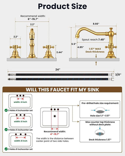 gotonovo 3 Hole 8’’ Widespread Bathroom Sink Faucet Polished Gold | Vintage Bathroom Faucet,2 Cross Handle,6-16’’ Sink,Vanity,Basin,RV,Farmhouse,SUS304,24’’ cUPC Hose Pop Up Drain,Deck Mount