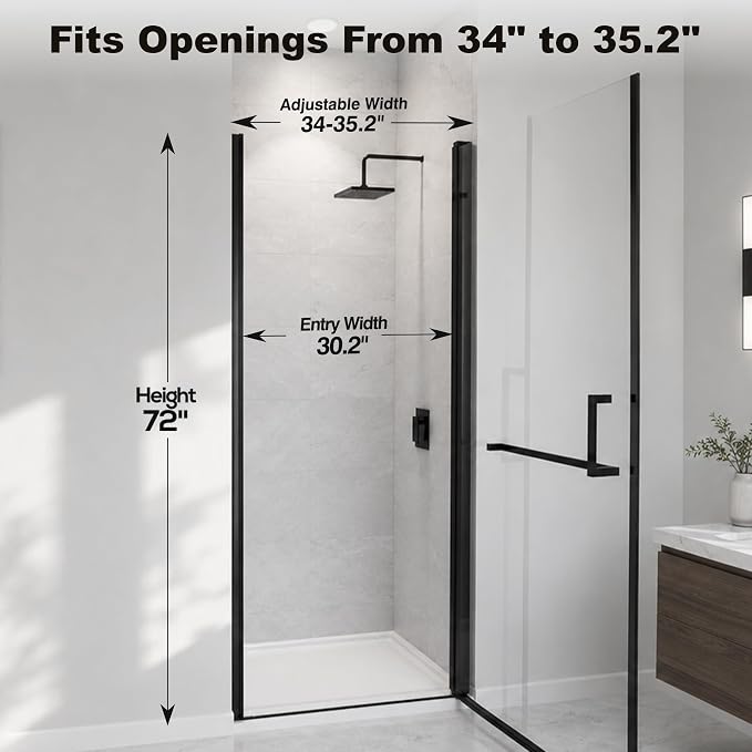 34-35.2" W x 72" H Single Frameless Pivot Swing Shower Door | 1/4" Clear SGCC Tempered Glass with a 30.2" walk-in opening, Matte Black Finish, Adjustable Width, Reversible Installation