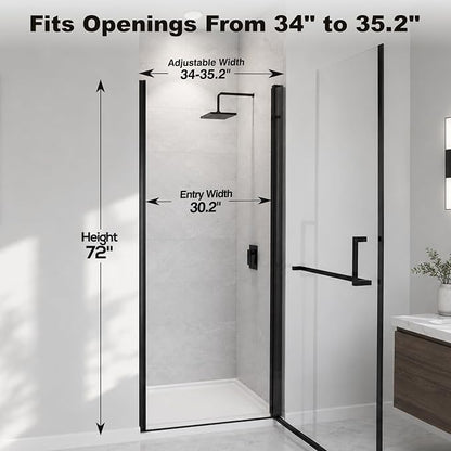 34-35.2" W x 72" H Single Frameless Pivot Swing Shower Door | 1/4" Clear SGCC Tempered Glass with a 30.2" walk-in opening, Matte Black Finish, Adjustable Width, Reversible Installation