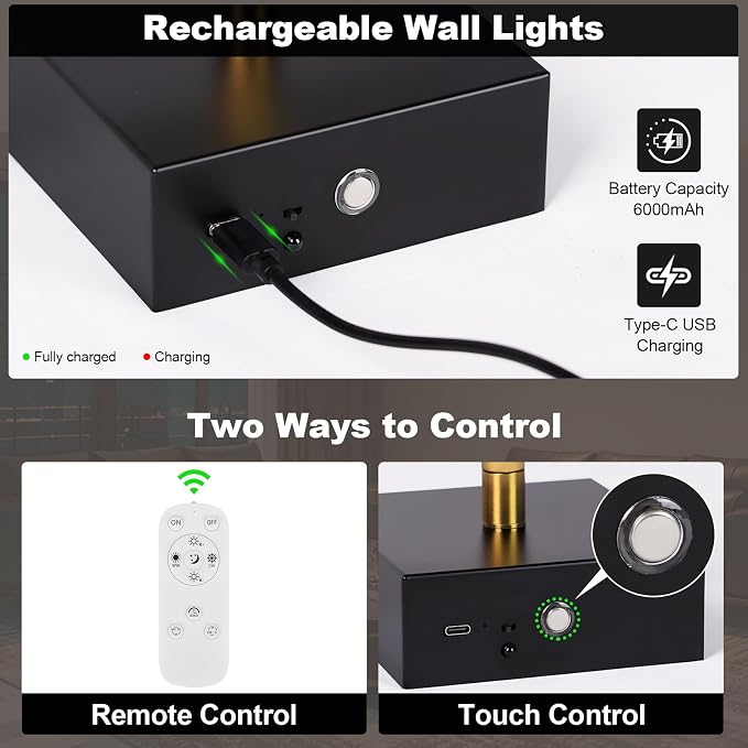 Battery Operated Wall Sconce Set of Two with Remote Control, 3000K-6000K Dimmable Black Gold Wall Lights, Timable LED Wireless Wall Sconces, 350° Ratate for Bathroom, Living Room, 39.4 Inch
