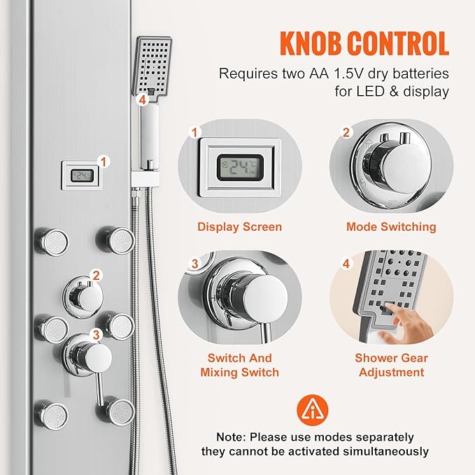 VEVOR Shower Panel Tower System, 5 Shower Modes, Digital Display Shower Panel, Rainfall, 8 Massage Jets, Tub Spout, 3-Setting Handheld Shower Head 59" Hose, Stainless Steel Wall-Mounted Shower Set