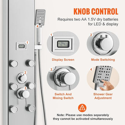 VEVOR Shower Panel Tower System, 5 Shower Modes, Digital Display Shower Panel, Rainfall, 8 Massage Jets, Tub Spout, 3-Setting Handheld Shower Head 59" Hose, Stainless Steel Wall-Mounted Shower Set