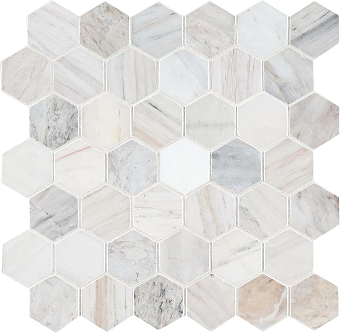 MSI Angora 12 in. x 12 in. Polished Marble Hexagon Tile for Kitchen Backsplash, Floor Tile, Wall Tile for Bathroom, Shower Wall Tile, Mesh Mounted Mosaic Tile