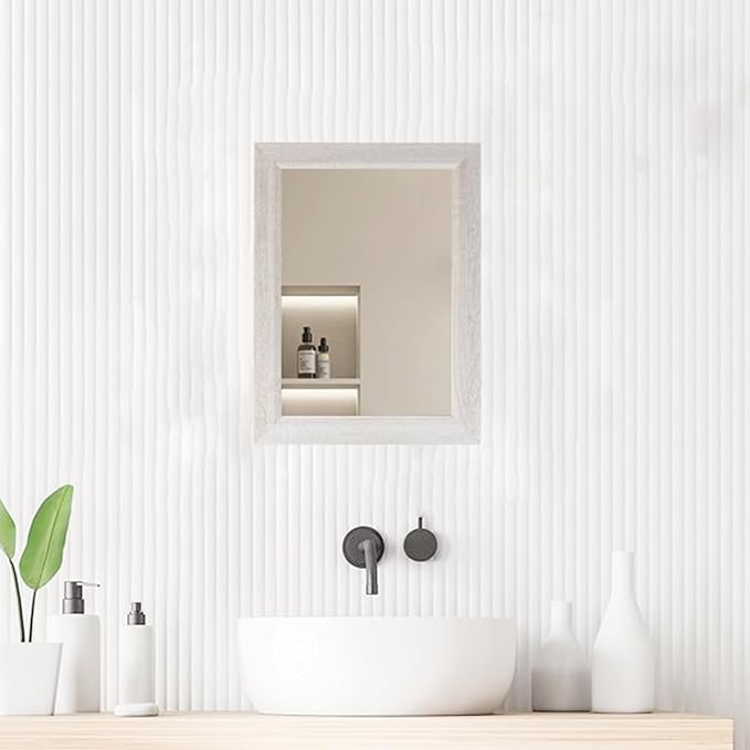 Small Rustic White Bathroom Mirror, 11.8x15.8inch Wooden Frame Rectangle Wall Mirror, Hanging Horizontally or Vertically, Suitable for Living Room Bathroom Bedroom Entryway