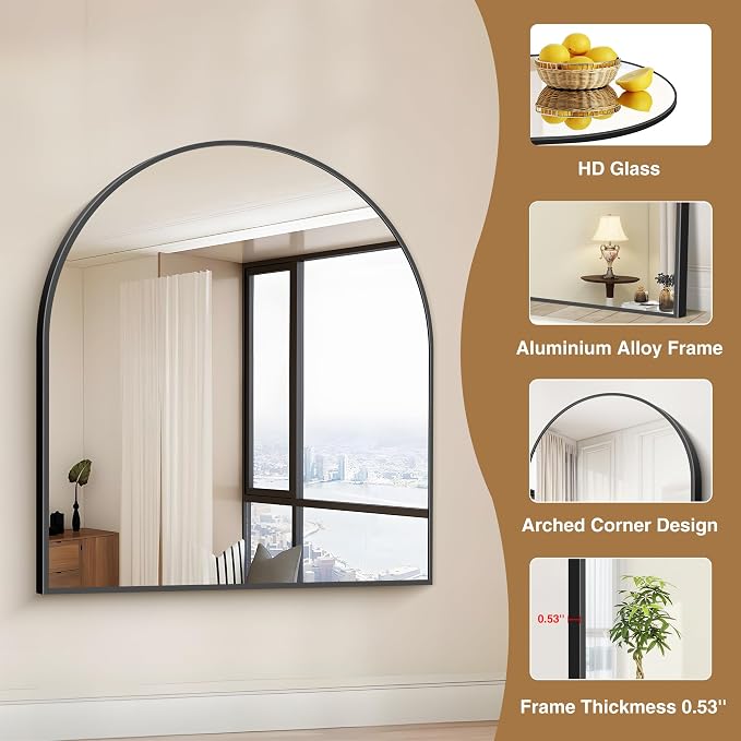 COFENY Black Arch Mirror, 36”x40” Black Mirror for Bathroom, Wide Arched Bathroom Mirror with Metal Frame, Wall Mounted Mirror for Bedroom Living Room Entryway Modern