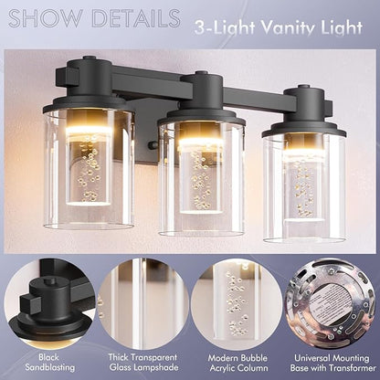 Quntis 3-Light Black Bathroom Light Fixtures with 5 Color Modes, 16 Inch Dimmable Modern Vanity Lighting Fixture Over Mirror, 21 Watts Eye Protection LED Wall Lamp (UL Certified, Bulbs Included)