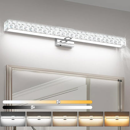 SOLFART Bathroom Light Fixtures, Crystal LED Modern Vanity Light, 32.5 Inch Chrome 5 Color Adjustable 5CCT