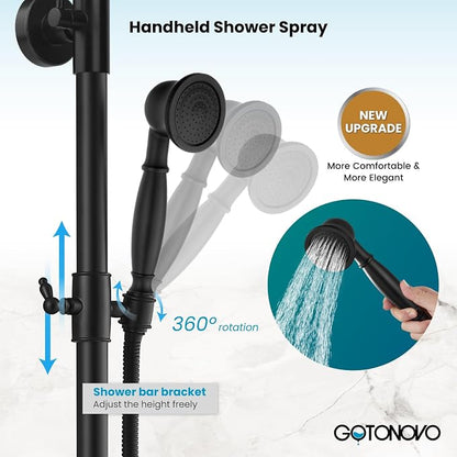 gotonovo Exposed Shower Faucet with Spout Matte Black,Curved Pipe | Brass Bathroom Exposed Shower System,8’’ Rain Head,Swivel Tub Spout 2 Cross Handle,Adjustable Handheld Sprayer,Wall Mount