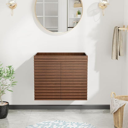 ROOMTEC 30" Bathroom Vanity, Mid-Century Wall Mounted Floating Cabinet with 2 Closing Doors, Wood Grain Texture, Walnut (Sink Basin Not Included)