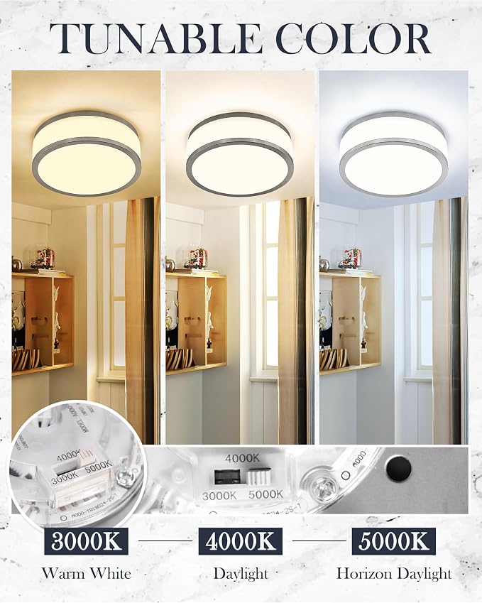 15 Inch LED Flush Mount Ceiling Light, 24W Modern Brushed Nickel Ceiling Lamp, 3CCT 3000K/4000K/5000K, Dimmable, Bathroom, Bedroom, LMS-054BN