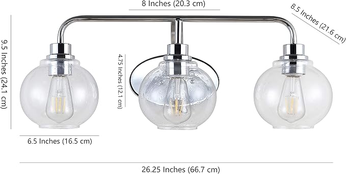 JONATHAN Y 26.25" Chrome Farmhouse LED Vanity Light Wall Sconce for Bathroom, Clear Seeded Glass Shade, Industrial Iron Indoor Fixture, LED Bulb Included (JYL7528B)