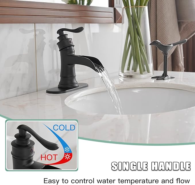 BWE Black Bathroom Faucet Matte Waterfall Sink Farmhouse Bath Vanity Single Hole Faucets One Handle Basin Antique centerset Restroom Mixer Tap Supply Line