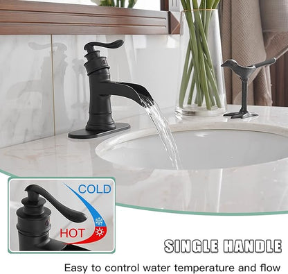 BWE Black Bathroom Faucet Matte Waterfall Sink Farmhouse Bath Vanity Single Hole Faucets One Handle Basin Antique centerset Restroom Mixer Tap Supply Line