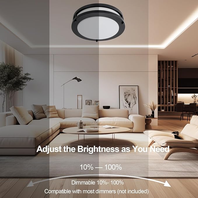 10inch LED Flush Mount Ceiling Light Fixture Dimmable Matte Black, Easy Install LED Ceiling Lamp Fixture Without Flicker, Super Bright 24W 2400LM 5000K 2-Pack