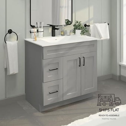 36" Light Grey Shaker Bathroom Vanity Base – Ready-to-Assemble Sink Cabinet with Drawers, Shaker Style Storage, Base Only, No Top or Sink