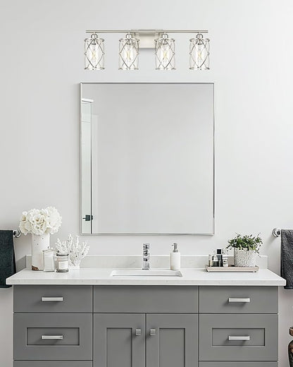 4-Light Brushed Nickel Bathroom Light Fixtures, 29 Inch Modern Bathroom Vanity Lighting Fixtures Over Mirror with Clear Glass and Metal Cage Wall Sconce Lights for Bath, E26, CH9176BN-4W