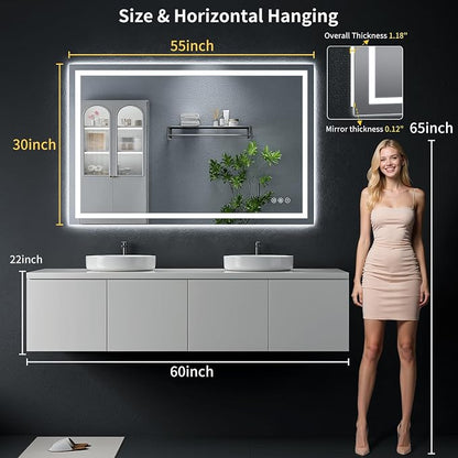 55"x36" LED Bathroom Mirror with Lights, Backlit+Frontlit, Anti-Fog | CRI 95, Stepless Dimmable, 3 Colors Lighting, Shatterproof Tempered Glass, HD Reflection, Memory, (Horizontal/Vertical)