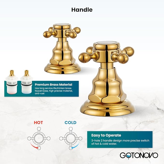 gotonovo 3 Hole Widespread Bathroom Sink Faucet Double Cross Handle Mixer Tap Faucet for Bathroom Sink Vanity Faucet Deck Mount Basin Hot Cold Water Matching Pop Up Drain Polished Gold