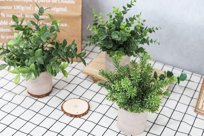 Der Rose 3 Pack Fake Plants Mini Faux Plants for Shelf Classroom Decor | Green eucalyptus, eco-friendly paper pulp pot, adjustable stems, pet child safe, office desk kitchen bathroom decor