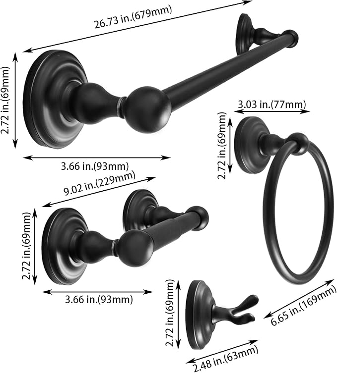 SENTO ROBIKI Black Bathroom Accessories Set, Bath Hardware, Includes Robe Hook, Toilet Paper Holder, Towel Ring, 18” & 24” Towel Bar, Duty Metal Bath Hardware Set Wall Mounted (4-Piece, Matte Black)