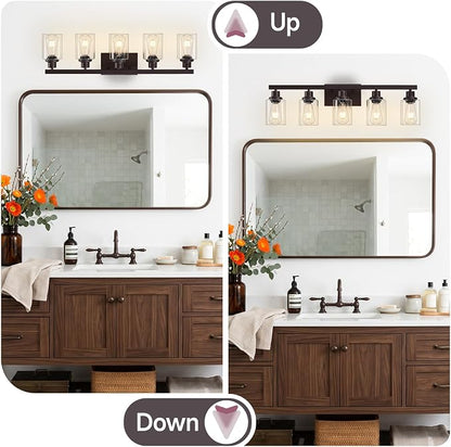 5-Light Oil Rubbed Bronze Bathroom Light Fixtures,30" Vanity Light | Modern Bronze Bathroom Lighting with Clear Glass Shades,Bathroom Wall Sconece over Mirror Sink Cabinet