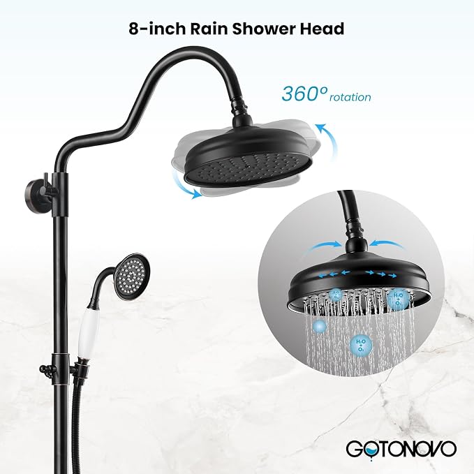 gotonovo Exposed Bathroom Shower System Two Cross Handle Oil Rubbed Bronze | Vintage Brass Tub Shower Faucet Set,8’’ Rain Head with Handheld Spray,Swivel Tub Spout,6’’ Hole Distance,Adjustable Height