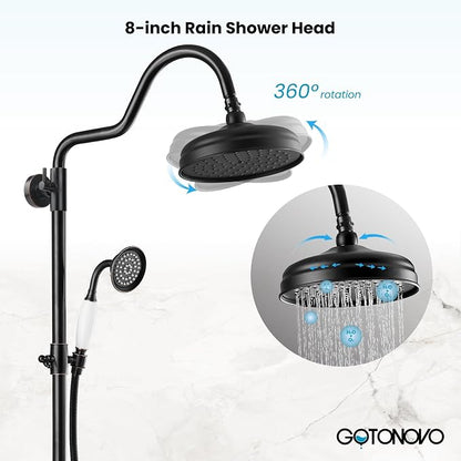 gotonovo Exposed Bathroom Shower System Two Cross Handle Oil Rubbed Bronze | Vintage Brass Tub Shower Faucet Set,8’’ Rain Head with Handheld Spray,Swivel Tub Spout,6’’ Hole Distance,Adjustable Height