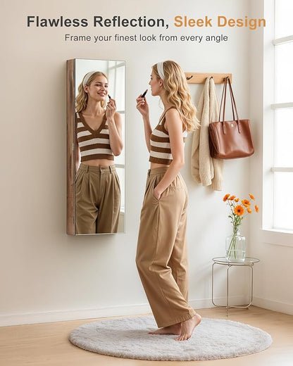 Nicetree Mirror Jewelry Cabinet, Full Length Mirror, Wall Mounted, Oak | Lockable Jewelry Armoire Organizer, Hanging Mirror with Jewelry Storage, Velvet Interior, Gift Idea,Easy Assembly