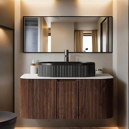 36 inch Bathroom Vanity with Sink, Wall-Mount Floating Bathroom Cabinet with Ultra-Thin Ceramic Basin and Marble Top, Large Storage Drawer, Soft-Close Design, Walnut with Balck