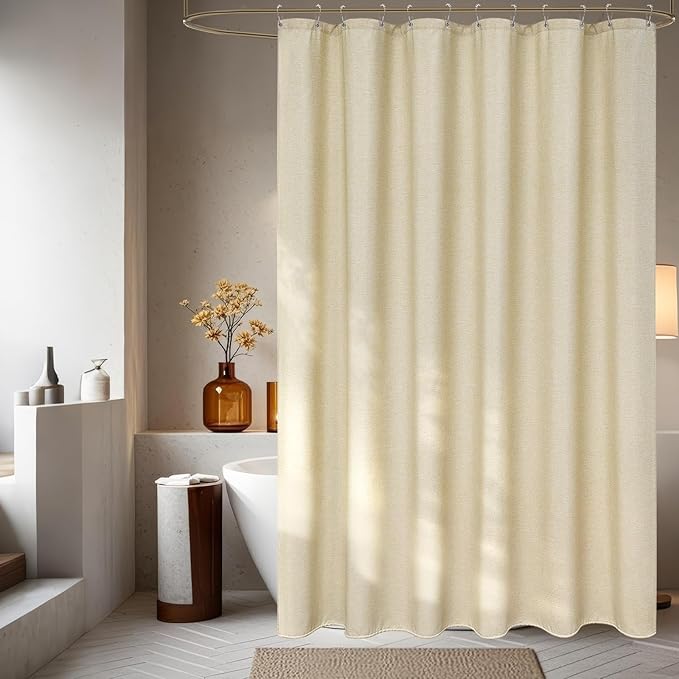 Linen Look Beige Fabric Shower Curtain Extra Long 72 x 78 Inch, Heavy Duty Faux Linen Textured Shower Curtain Long Water-Resistant, Rustic Cream Bathroom Shower Curtains Wrinkle-Free