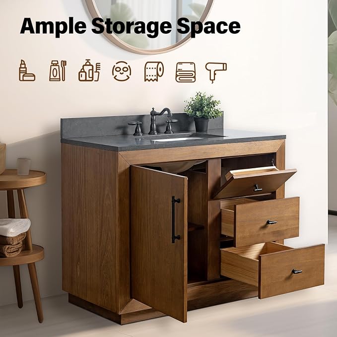 Vanity Art 42 inch Bathroom Vanity with Single Sink, Modern Wood Bath Vanity with Black Carrara Marble Top, Vanity Cabinet with Doors， Removable Shelf, Solid Wood, Ceramic Sink, Tan, VA7042B