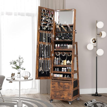 Rotating Jewelry Cabinet with Vanity Mirror Jewelry Armoire Lockable | Full Length Mirror with Storage Jewelry Organizer Standing Mirror with Drawers Wheels Christmas Gift for Girl Rustic Brown