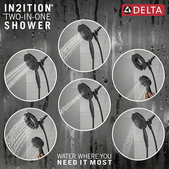 Delta Faucet Albion 14 Series Single-Handle Shower Faucet, Black Shower Trim Kit with 4-Setting In2ition 2-in-1 Dual Hand Held Shower Head with Hose, Matte Black T142855-BL-I (Valve Not Included)