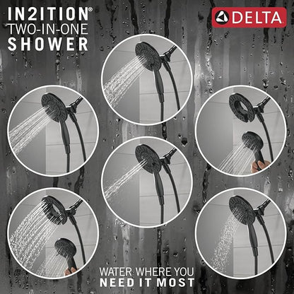 Delta Faucet Albion 14 Series Single-Handle Shower Faucet, Black Shower Trim Kit with 4-Setting In2ition 2-in-1 Dual Hand Held Shower Head with Hose, Matte Black T142855-BL-I (Valve Not Included)